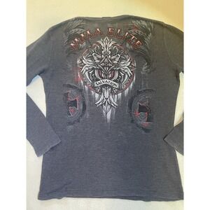 Vintage MMA Elite Thermal Shirt Mens Size L Long Sleeve Gray Skull‎ Cross